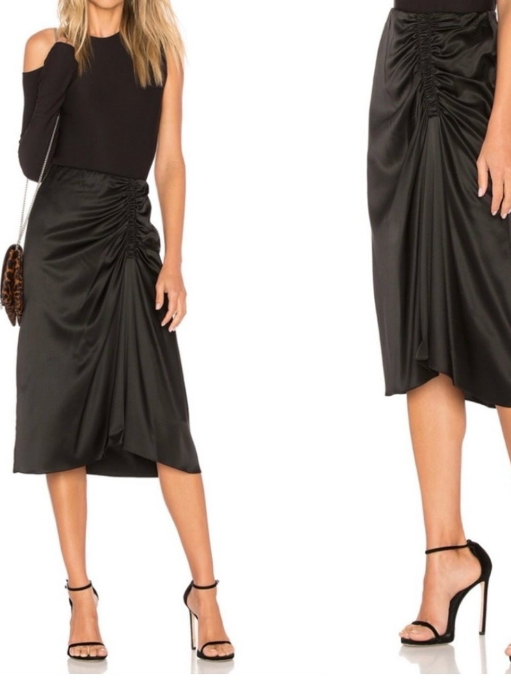 Theory Ruched Silk Slip Skirt Midi Black